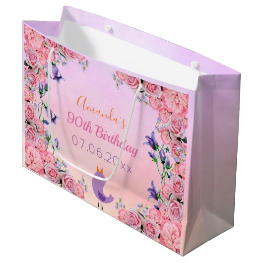 90th誕生日パーティーピンクパープル花模様名 ラージペーパーバッグ (正面アングル)