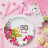 90th誕生日パーティーフローラモダン花90年 ペーパープレート (パーティー)