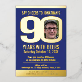 90th誕生日パーティーブルー金ゴールドフォイルフォトビール 箔招待状