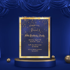 90th誕生日パーティーブルー金ゴールド紙吹雪招待 ポストカード