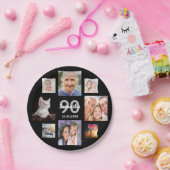 90th誕生日パーティー写真コラージュ女性ブラック ペーパープレート (パーティー)