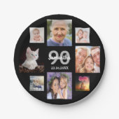 90th誕生日パーティー写真コラージュ女性ブラック ペーパープレート (正面)