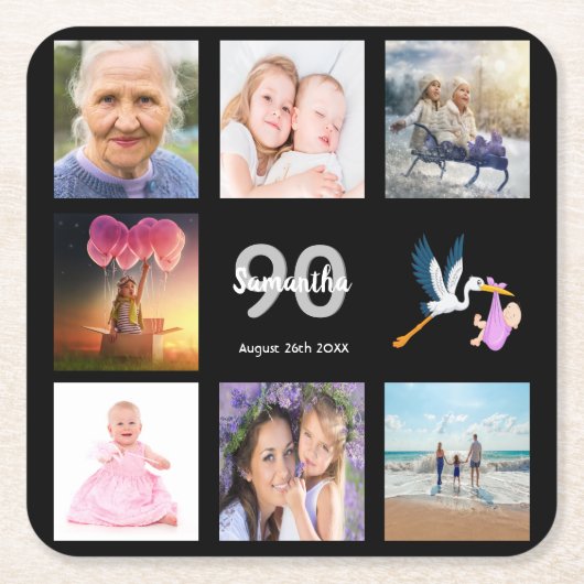 90th誕生日パーティー写真コラージュ黒 スクエアペーパーコースター (正面)
