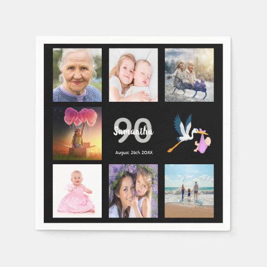 90th誕生日パーティー写真コラージュ黒 スタンダードカクテルナプキン (正面)