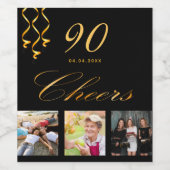 90th誕生日パーティー写真ブラック金ゴールド応援スクリプト ワインラベル (シングルラベル)