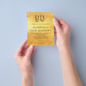 90th誕生日パーティー金ゴールドグリッター予算の招待 チラシ (手)