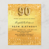 90th誕生日パーティー金ゴールドグリッター予算の招待 チラシ (正面)