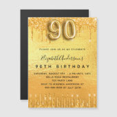 90th誕生日パーティー金ゴールドグリッター招待マグネット (正面/裏面)