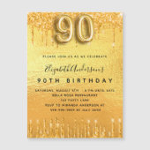 90th誕生日パーティー金ゴールドグリッター招待マグネット (正面)