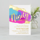 90th誕生日パーティー金ゴールド写真明るい抽象芸術アート 箔招待状 (立ち正面)