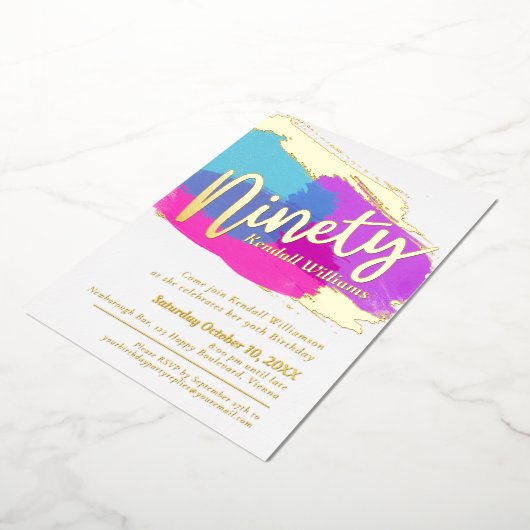 90th誕生日パーティー金ゴールド写真明るい抽象芸術アート 箔招待状 (回転した状態)