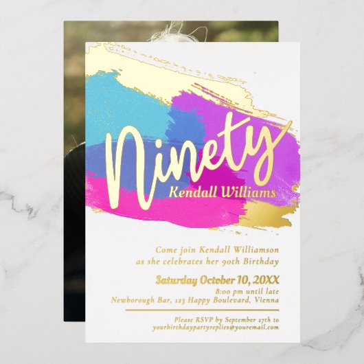 90th誕生日パーティー金ゴールド写真明るい抽象芸術アート 箔招待状 (正面/裏面)