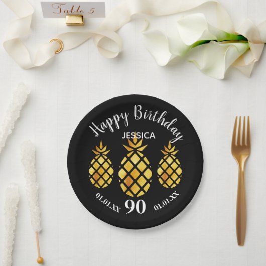 90th誕生日パーティー黒い金ゴールドパイナップル名 ペーパープレート (ウェディング)
