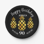 90th誕生日パーティー黒い金ゴールドパイナップル名 ペーパープレート (正面)