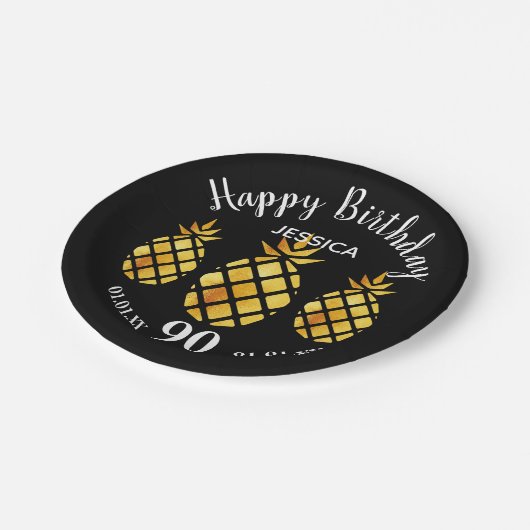 90th誕生日パーティー黒い金ゴールドパイナップル名 ペーパープレート (アングル)