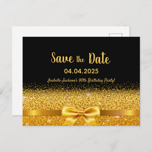 90th誕生日パーティー黒い金ゴールドボウ日付を保存 ポストカード (正面/裏面)