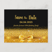 90th誕生日パーティー黒い金ゴールドボウ日付を保存 ポストカード (正面)