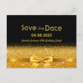 90th誕生日パーティー黒い金ゴールドボウ日付を保存 ポストカード (正面)