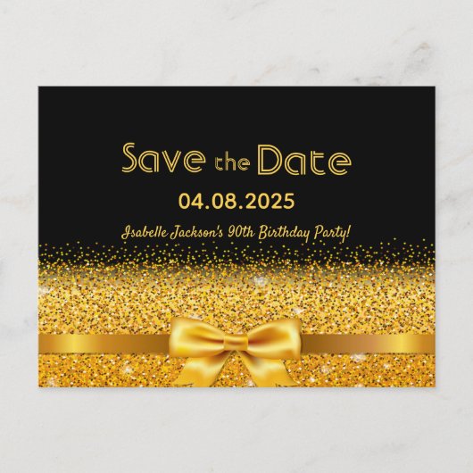 90th誕生日パーティー黒い金ゴールドボウ日付を保存 ポストカード (正面)
