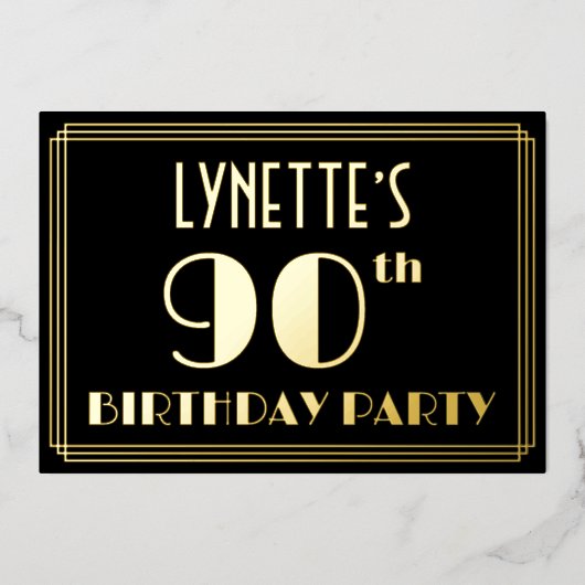 90th誕生日パーティー：アールデコを見る"90"，名前と 箔招待状 (正面)