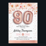 90th誕生日パーティー – バラ金ゴールドバルーン 招待状<br><div class="desc">90歳の誕生日パーティーの招待状。エレガントデザインのグリッターフェイクバラ金ゴールドとフローラアクセント。招待状カードバラ金ゴールド番号90バルーン、紙吹雪付きスクリプトフォント。赤面コーラルピンク、白。90日のスタイリッシュお祝い。メッセージもしメッセージはカスタム年齢。</div>