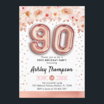 90th誕生日パーティー – バラ金ゴールドバルーン 招待状<br><div class="desc">90歳の誕生日パーティーの招待状。エレガントデザインのグリッターフェイクバラ金ゴールドとフローラアクセント。招待状カードバラ金ゴールド番号90バルーン、紙吹雪付きスクリプトフォント。赤面コーラルピンク、白。90日のスタイリッシュお祝い。メッセージもしメッセージはカスタム年齢。</div>