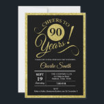90th誕生日パーティー – ブラック金ゴールドANY AGE 招待状<br><div class="desc">90th誕生日パーティーの招待男性へまたは女性。レトロなタイポグラフィスクリプトフォントを備えたスタイリッシュブラックおよび金ゴールド招待状カード。応援90年！任意のカスタマイズ年齢にすることができる。</div>