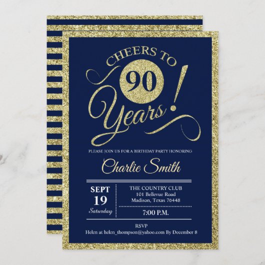 90th誕生日パーティー – 海軍金ゴールド任意の年 招待状 (正面/裏面)