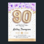 90th誕生日パーティー – 金ゴールドバルーン紫 招待状<br><div class="desc">90歳の誕生日パーティーの招待状。エレガントデザインのグリッターフェイク金ゴールドとフローラアクセント。招待状カード(金ゴールド番号90バルーン付き)、スクリプトフォント(紙吹雪付き)。紫、ラベンダー、白。90日のスタイリッシュお祝い。メッセージもしメッセージはカスタム年齢。</div>