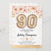 90th誕生日パーティー – 金ゴールドバルーン 招待状 (正面/裏面)