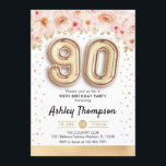 90th誕生日パーティー – 金ゴールドバルーン 招待状<br><div class="desc">90歳の誕生日パーティーの招待状。エレガントデザインのグリッターフェイク金ゴールドとフローラアクセント。招待状カード(金ゴールド番号90バルーン付き)、スクリプトフォント(紙吹雪付き)。赤面コーラルピンク、白。90日のスタイリッシュお祝い。メッセージもしメッセージはカスタム年齢。</div>
