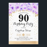 90th誕生日パーティー – 金ゴールド紫の花 招待状<br><div class="desc">90歳の誕生日パーティーの招待状。エレガントデザインのグリッターフェイク金ゴールドとフローラアクセント。招待状カード(スクリプトフォントと紙吹雪)。パステルパープルとホワイト。30日のスタイリッシュお祝いに最適。メッセージもしメッセージはカスタム年齢。</div>