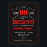 90th誕生日パーティー – 黒赤白 招待状<br><div class="desc">第90回バースデーパーティーへの招待。黒エレガント色の赤と白レトロなデザインと黒板パターンとスクリプトフォント。応援90年！メッセージもしの詳細なカスタマイズが必要。</div>