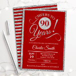 90th誕生日パーティー – ANY AGE Red Silver 招待状<br><div class="desc">90th誕生日パーティーの招待男性へまたは女性。エレガント招待状カードは赤にグリッター銀フェイク箔を付けた。機能タイポグラフィスクリプトフォント。応援90年！任意のパーソナライズされた年に入ることができる。マイルストーンの大人の毎日お祝いに最適。</div>