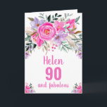 90th誕生日ピンクの水カラーフローラカード カード<br><div class="desc">ピンクエレガントの水色のフローラデザインと90th誕生日カード。名前と文字でパーソナライズ</div>