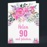 90th誕生日ピンクの水カラーフローラカード カード<br><div class="desc">ピンクエレガントの水色のフローラデザインと90th誕生日カード。名前と文字でパーソナライズ</div>