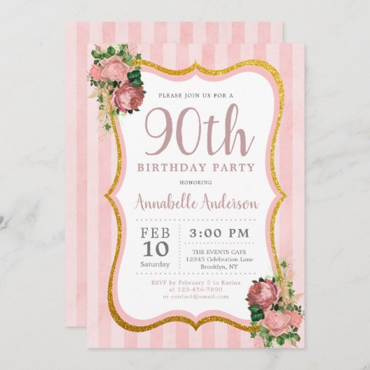 90th誕生日ピンクストライプフローラ金ゴールドグリッターシック 招待状 (正面/裏面)