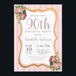 90th誕生日ピンクストライプフローラ金ゴールドグリッターシック 招待状<br><div class="desc">90thヴィンテージシャビーシック赤面ピンクストライプ金ゴールドグリッターフローラ誕生日パーティー招待</div>
