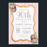 90th誕生日ピンクストライプフローラ金ゴールドグリッターシック 招待状<br><div class="desc">90thヴィンテージシャビーシック赤面ピンクストライプ金ゴールドグリッターフローラ誕生日パーティー招待</div>