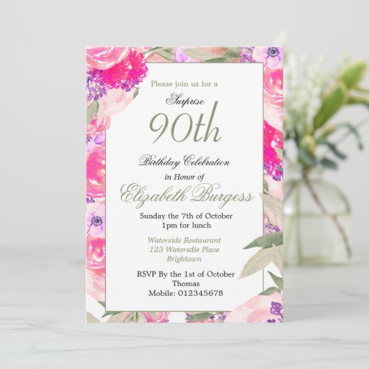 90th誕生日ピンクフローラバラシック誕生日 招待状 (スタンド正面)