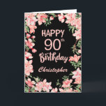 90th誕生日ピンク桃色水彩フローラブラック カード<br><div class="desc">90番目の誕生日ピンク桃水色フローラブラック誕生日カード。さらにカスタマイズするには、「クリック カスタマイズ   」ボタンをクリックし、デザインツールを使用してこのテンプレートを変更してください。</div>