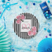 90th誕生日ピンク花模様白黒ストライプ ペーパープレート (パーティー)