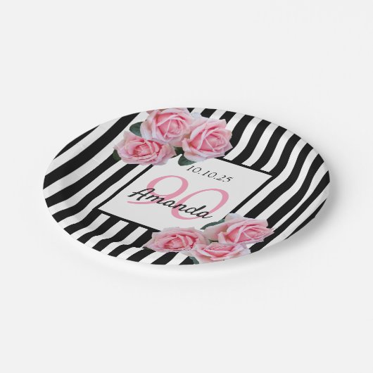 90th誕生日ピンク花模様白黒ストライプ ペーパープレート (アングル)