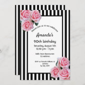 90th誕生日ピンク花模様白黒ストライプ 招待状 (正面/裏面)