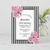 90th誕生日ピンク花模様白黒ストライプ 招待状 (スタンド正面)