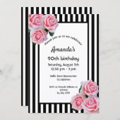 90th誕生日ピンク花模様白黒ストライプ 招待状 (正面/裏面)