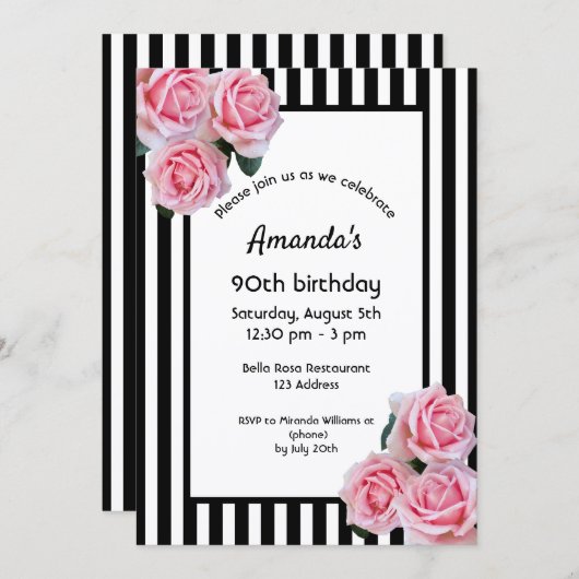 90th誕生日ピンク花模様白黒ストライプ 招待状 (正面/裏面)