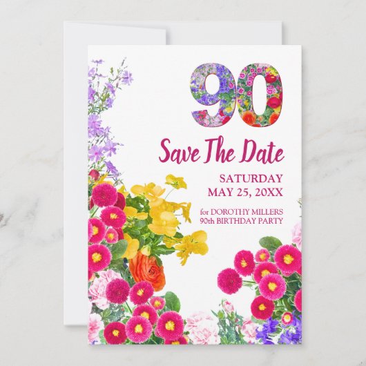 90th誕生日フローラモダン90日付カードを保存 セーブザデート (正面)