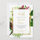 90TH誕生日フローラ金ゴールド白エレガント誕生日 招待状 (正面)