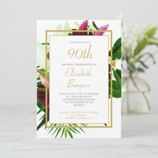 90TH誕生日フローラ金ゴールド白エレガント誕生日 招待状 (スタンド正面)
